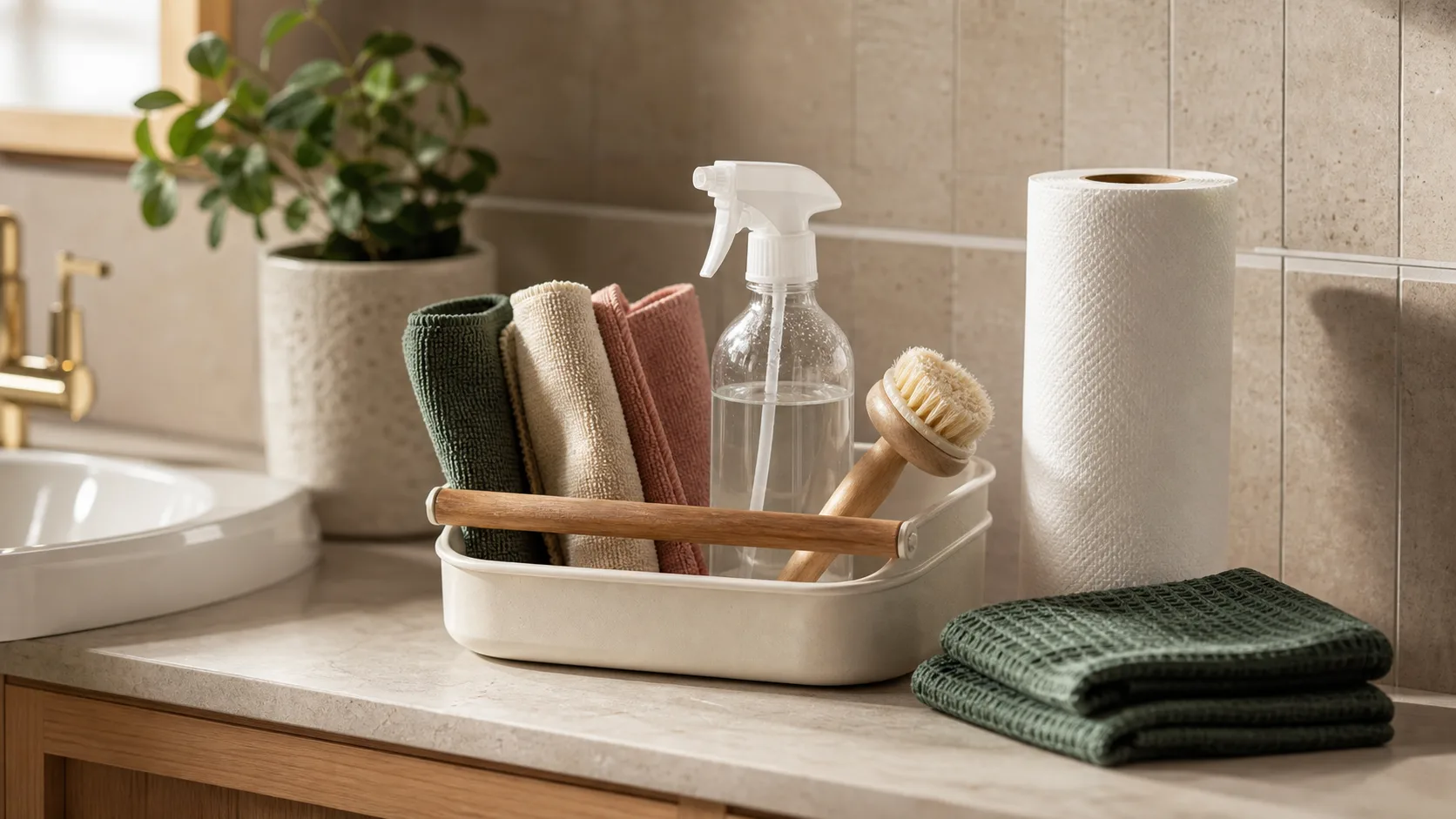 A small bathroom cleaning caddy with cloths, a spray bottle, brush, and paper towels on a warm neutral vanity.