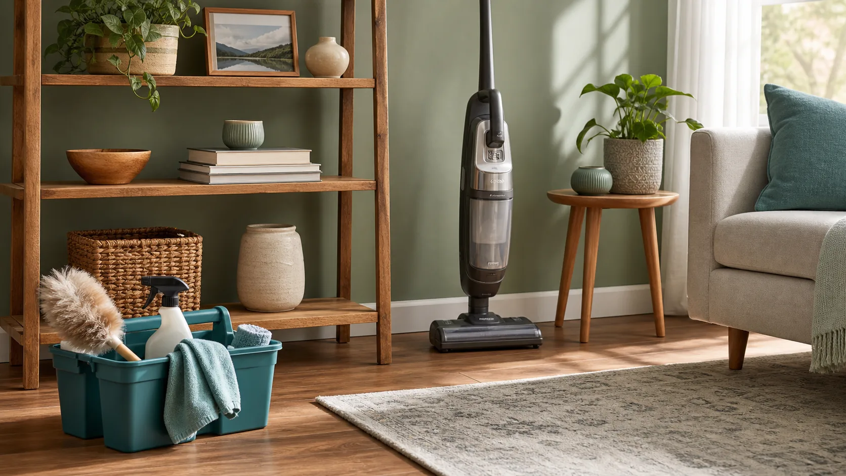 Cleaning tools, a duster, and a vacuum arranged in a sunny living room with shelves and a clean floor.