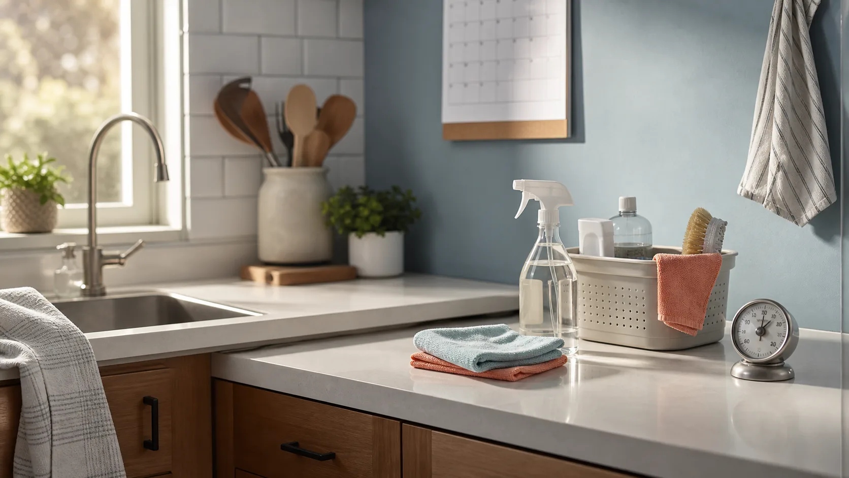 A small cleaning caddy, cloths, spray bottle, and timer on a bright kitchen counter.