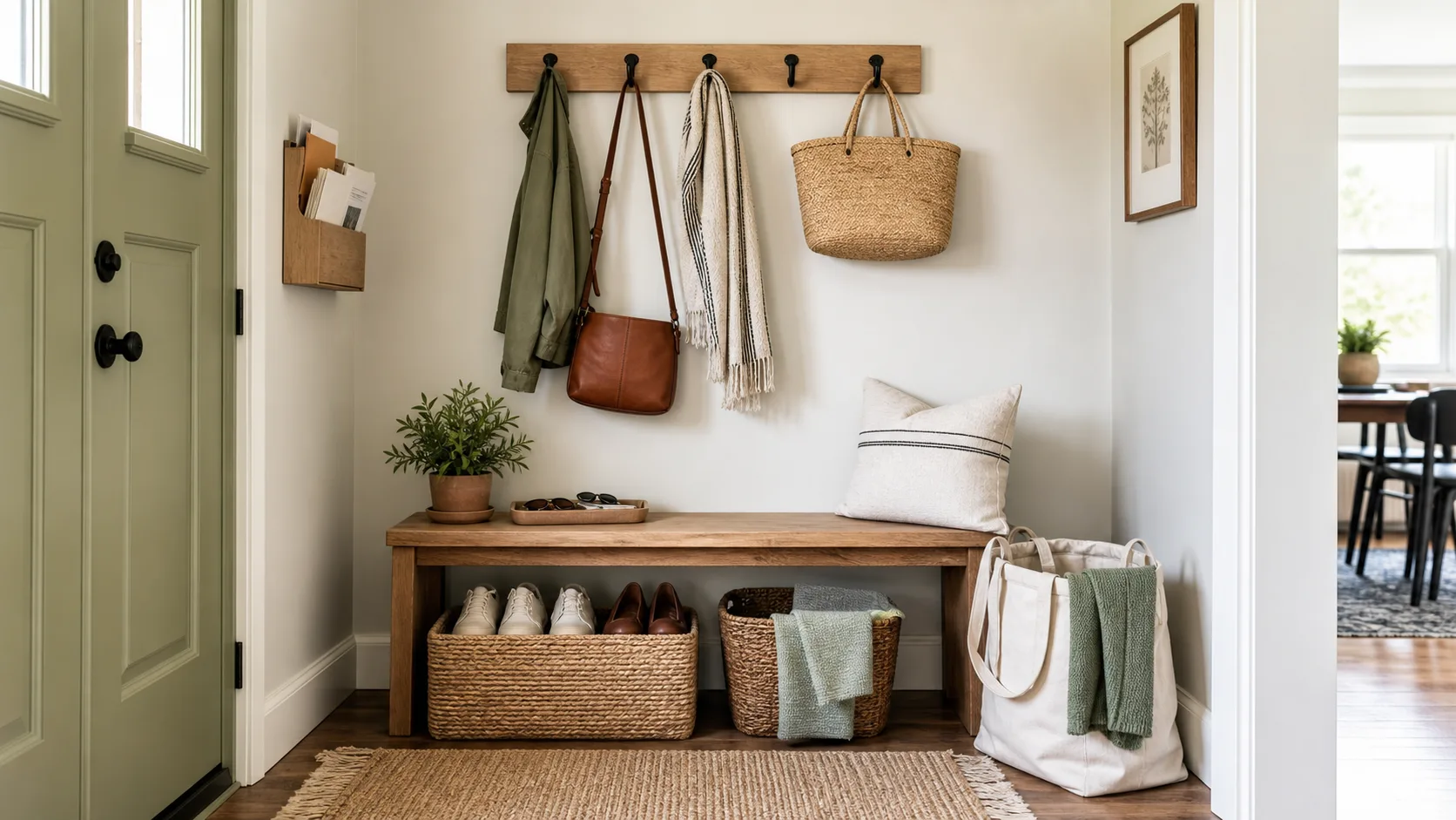 An organized home entryway with hooks, a small bench, baskets, and a tray for keys.