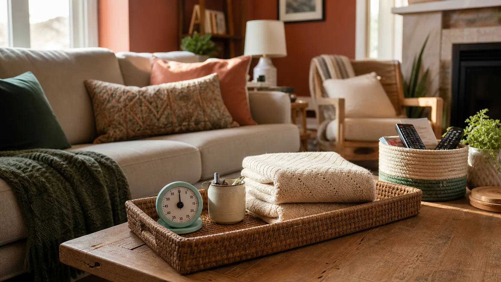 A timer, basket, folded blanket, and small reset tray in a warm lived-in family room.