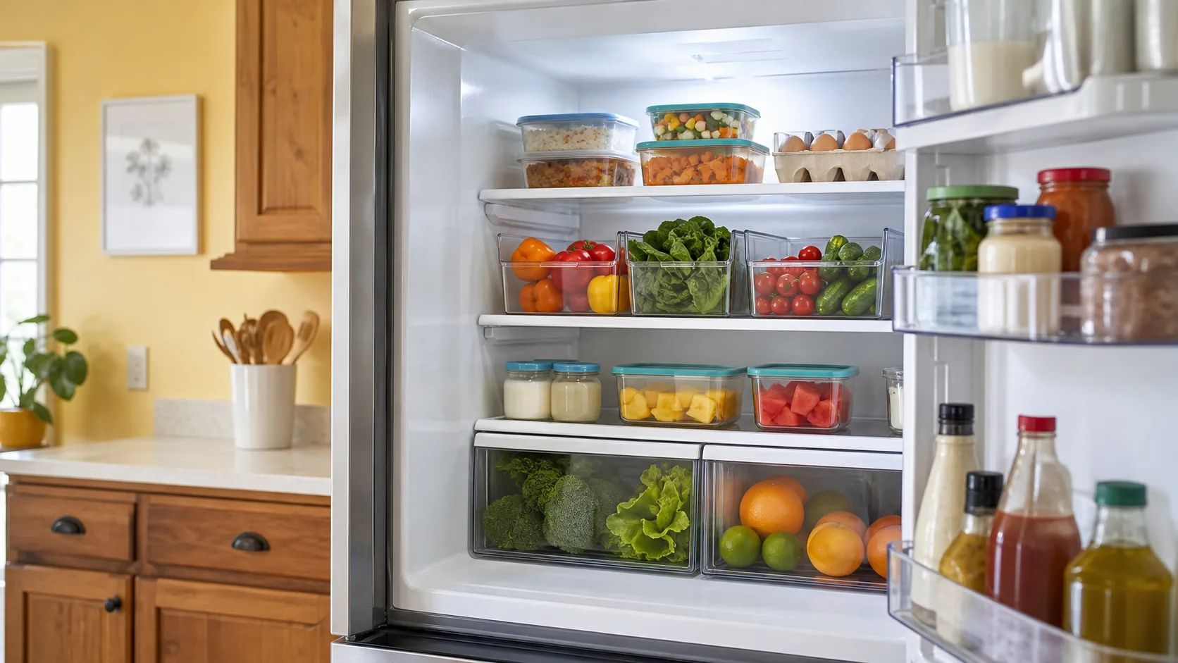 An open refrigerator organized with clear bins, produce, leftovers, eggs, and condiments in a real kitchen.