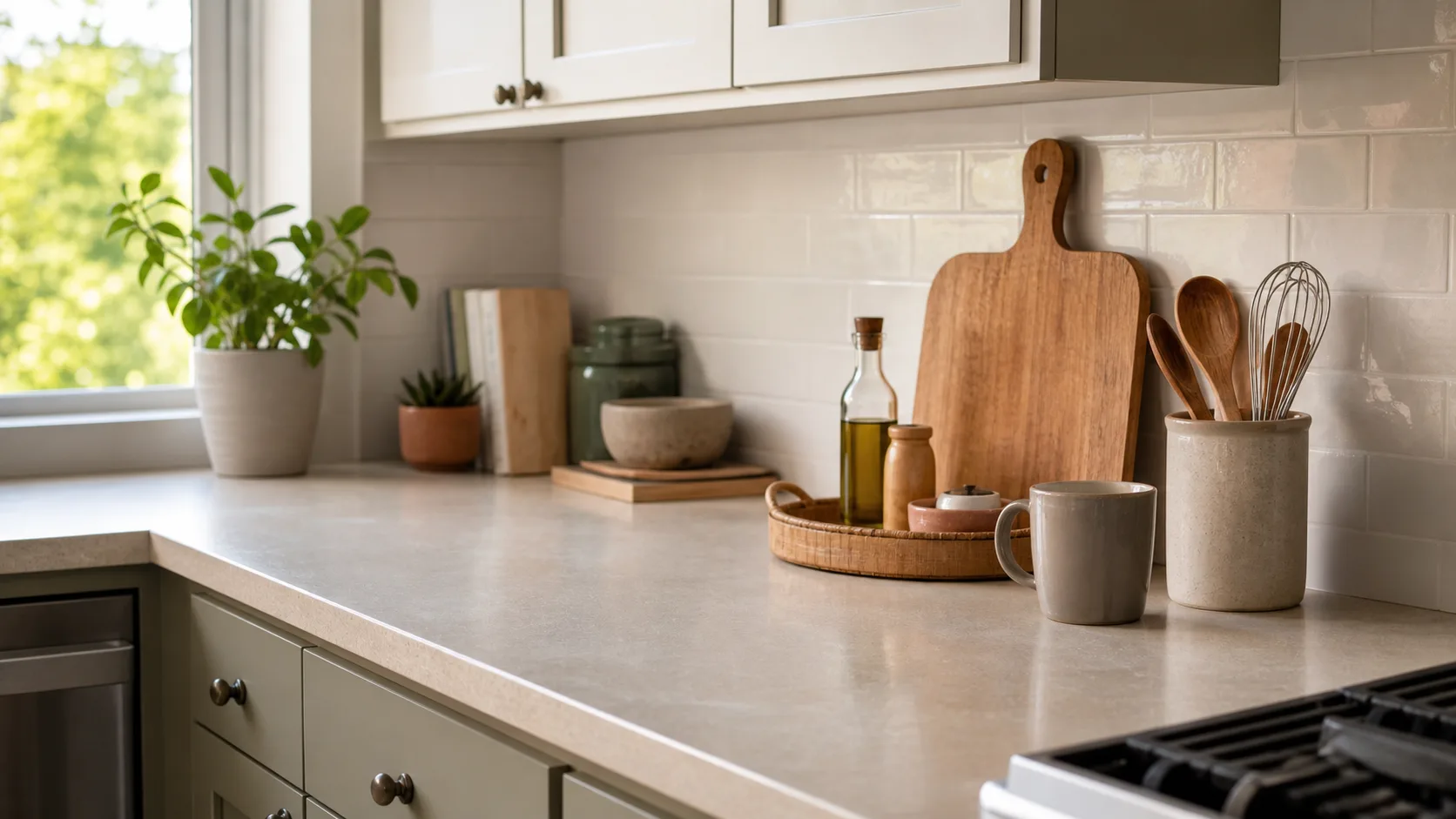 A calm kitchen counter with open prep space, a tray of cooking essentials, a mug, utensils, and a wooden cutting board.