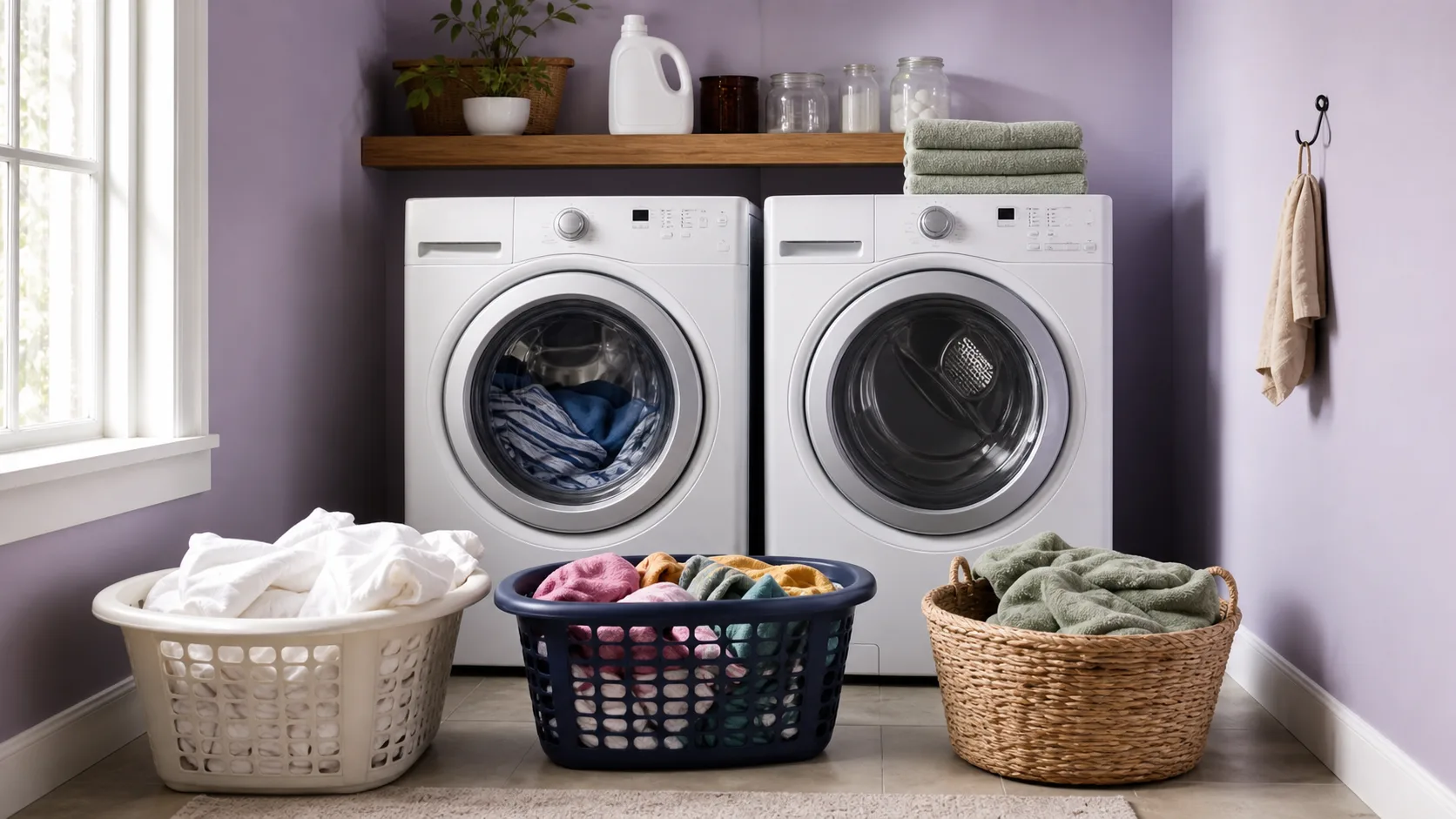 Laundry baskets, folded towels, and front-load machines in a practical home laundry nook.