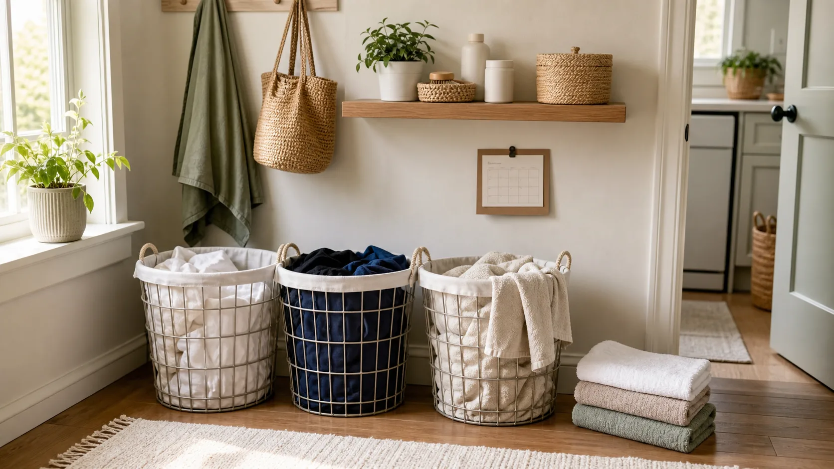 A calm laundry corner with three sorting baskets, folded towels, detergent, and a simple home laundry setup.