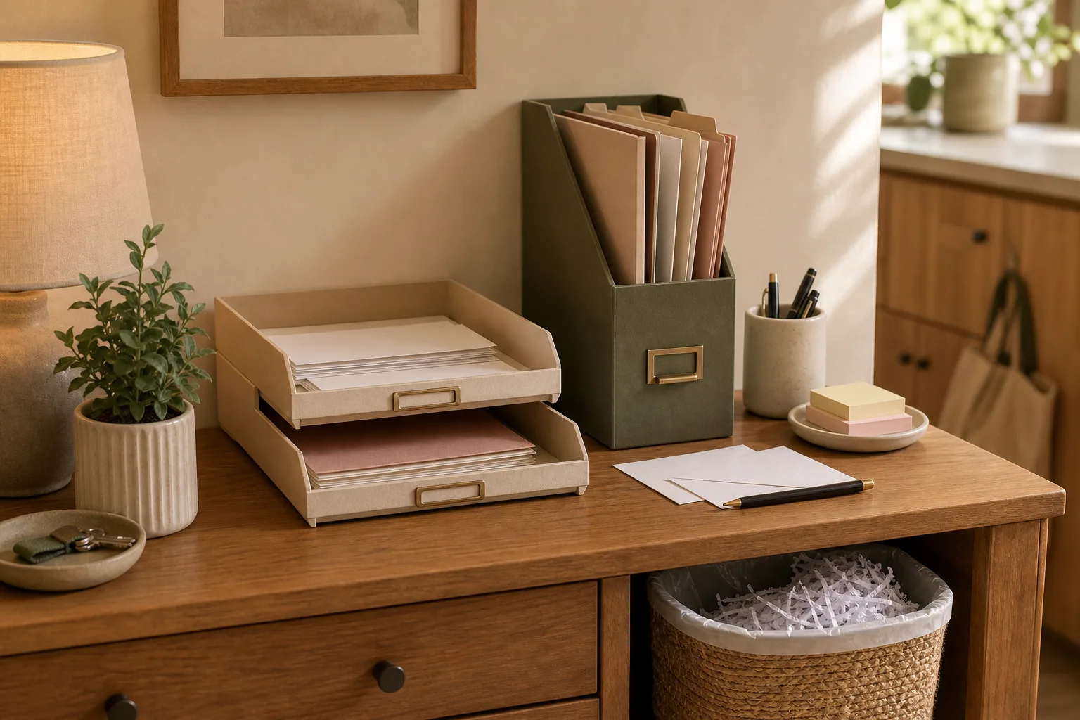 A small home paperwork station with trays, folders, a pen cup, blank envelopes, and a shred basket.