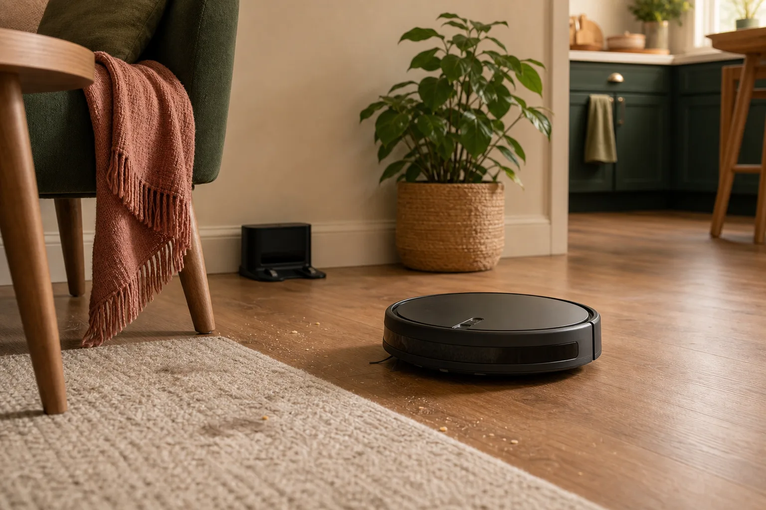 A plain robot vacuum cleaning near a rug edge on a warm wood floor in a normal home.