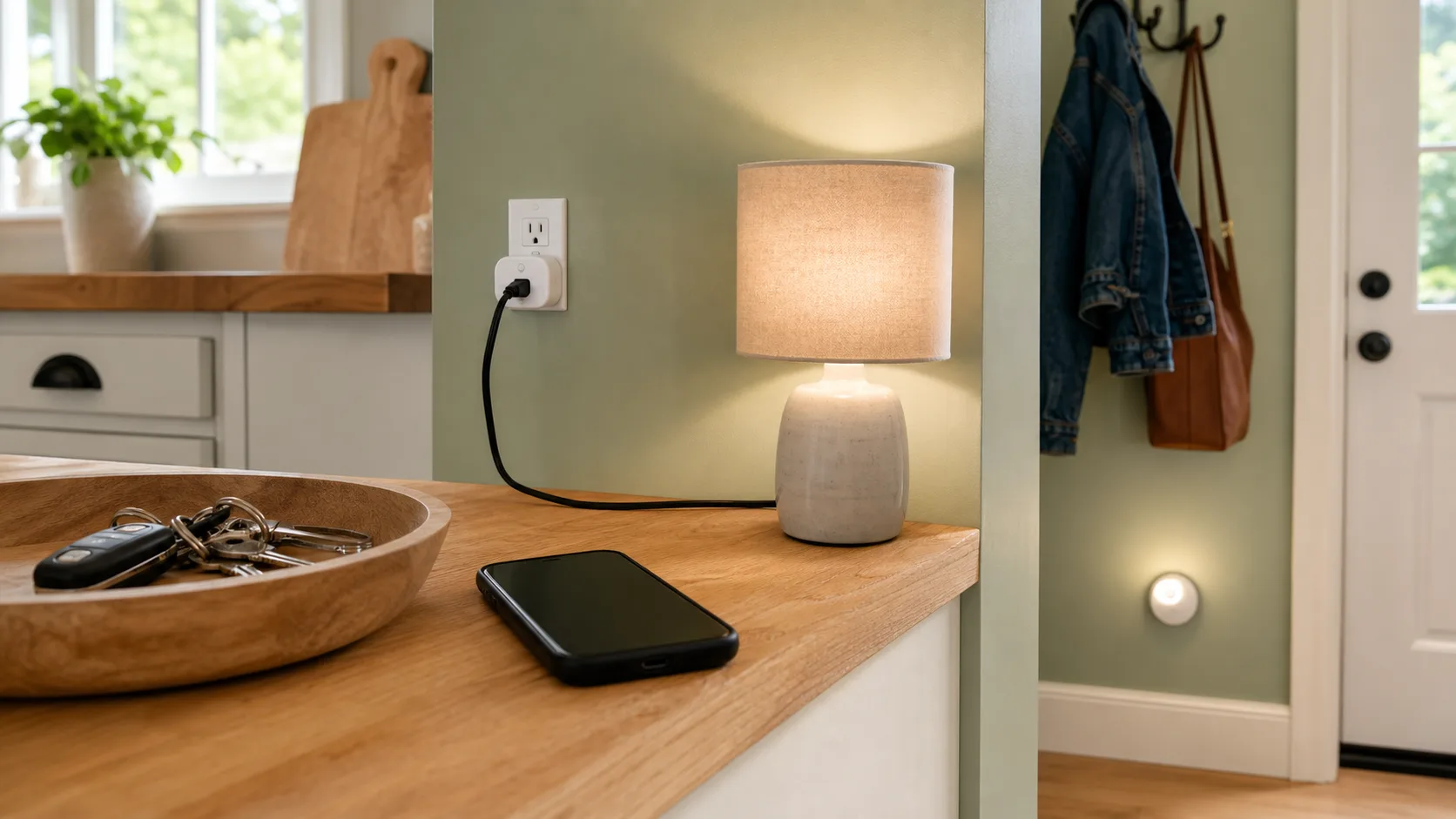 A smart plug, small lamp, night light, phone, and keys arranged in a beginner-friendly home entry area.