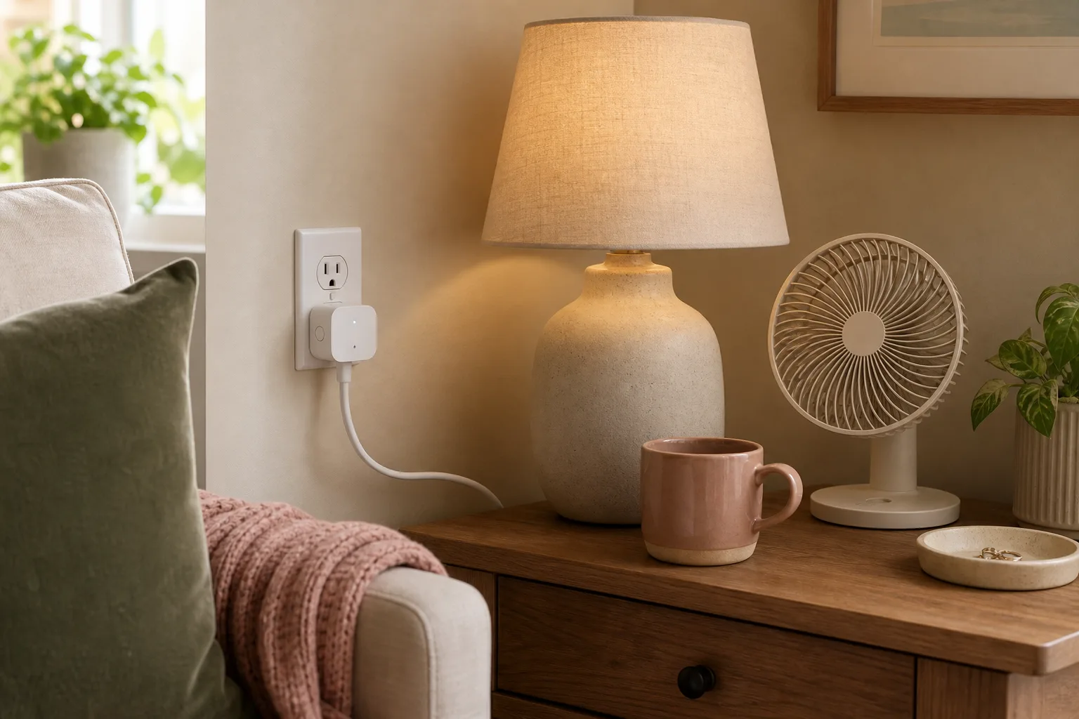 A cozy living room side table with a lamp, small fan, mug, and plain smart plug in the wall outlet.