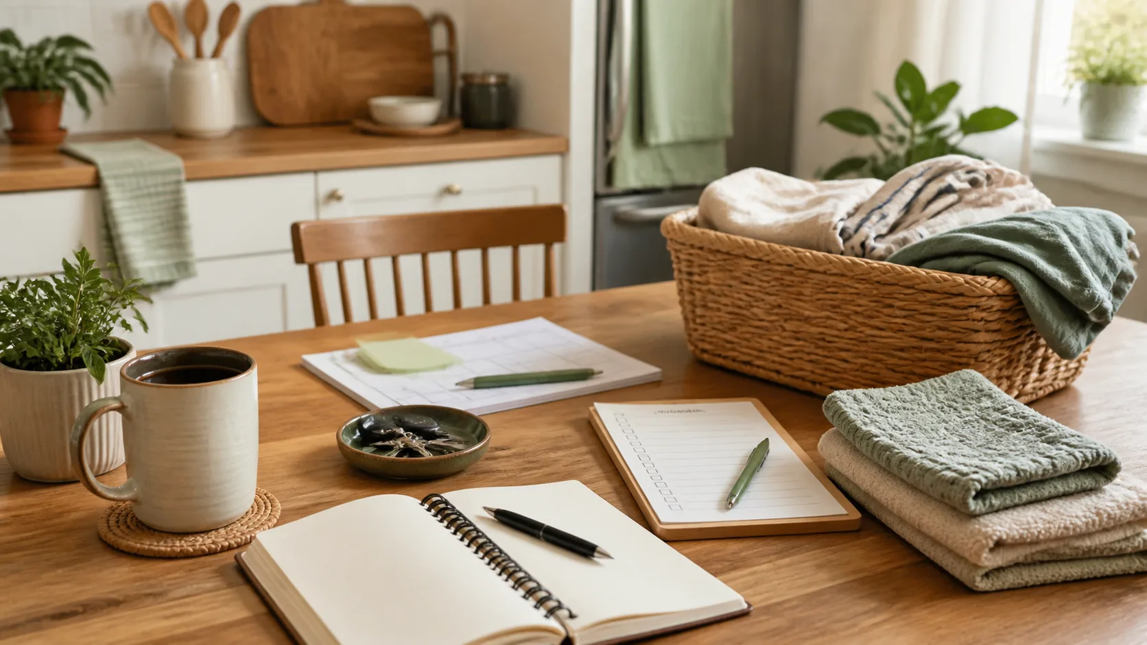 A kitchen table with a planner, mug, folded towels, keys, and a laundry basket ready for a Sunday reset.