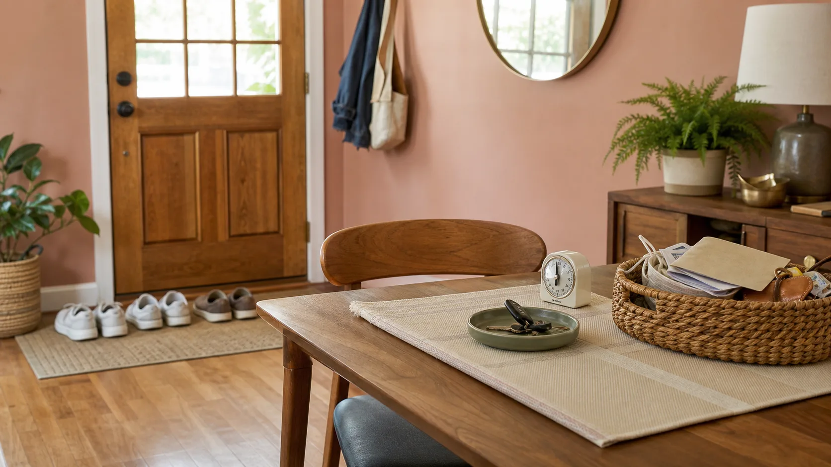 A small clear reset zone on a dining table near an entryway with a basket, keys, and shoes nearby.